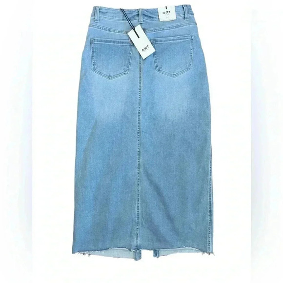 OAK New York Front Slit Denim Midi Skirt Size 4/27 NWT Raw Hem High Waist - Picture 4 of 10